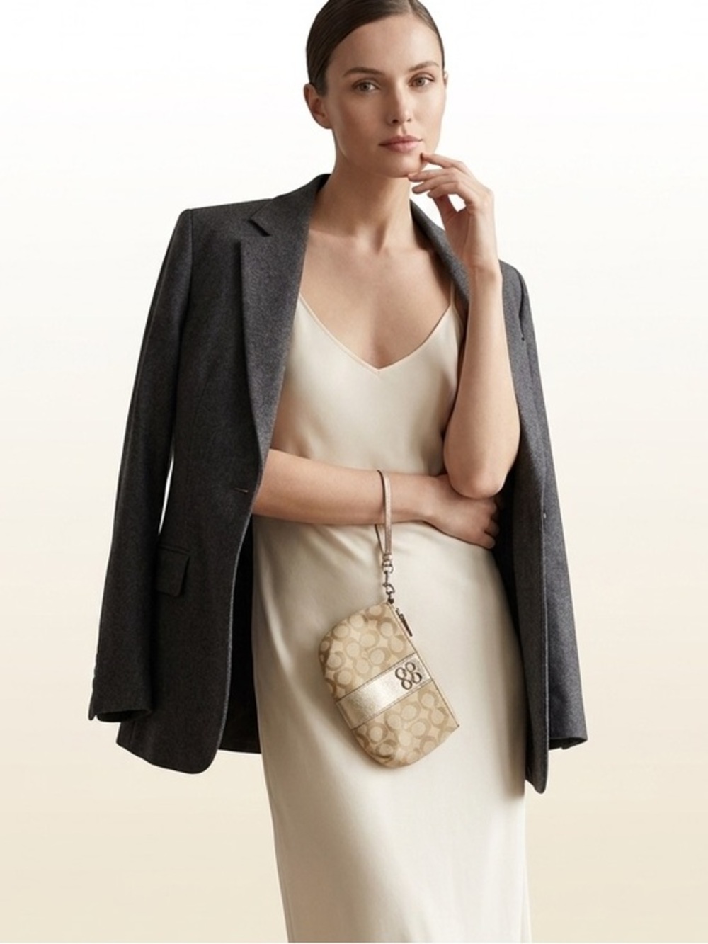 Authentic Coach Beige & Metallic Gold Accent Wristlet